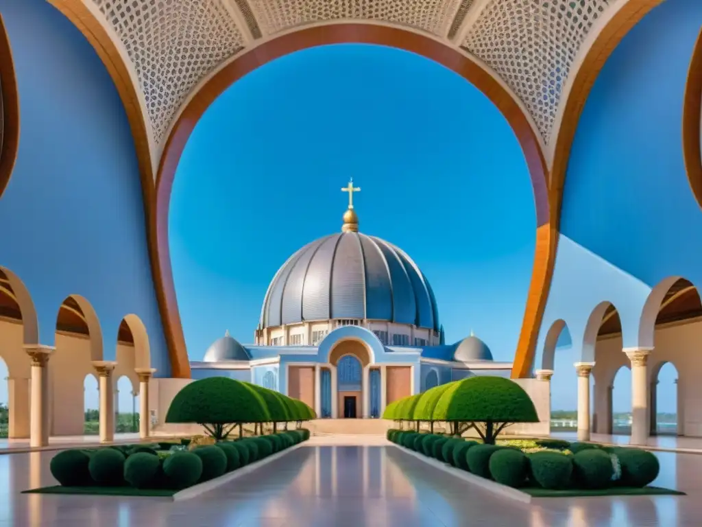 Impresionante Basílica de Nuestra Señora de la Paz en Yamoussoukro, Costa de Marfil, destacando su arquitectura y tamaño bajo un cielo azul