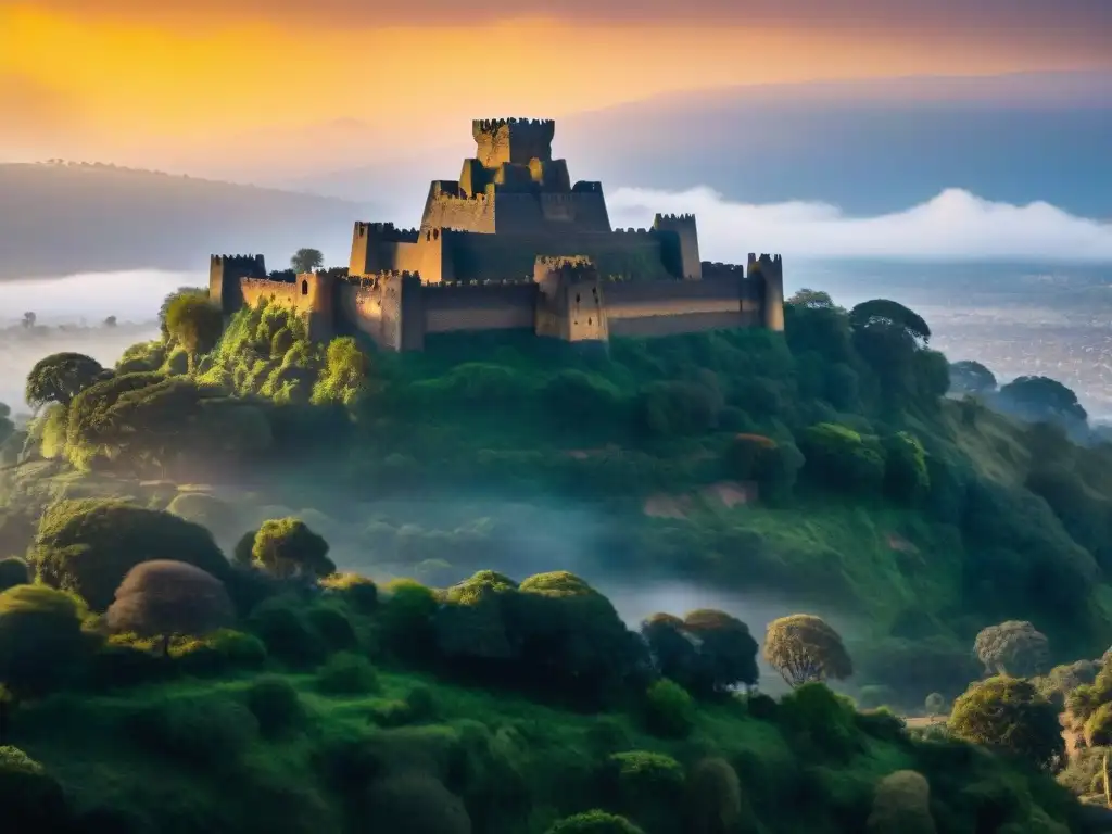 Impresionante castillo de Gondar al atardecer, muestra la grandiosidad de las Fortalezas del Cuerno de África