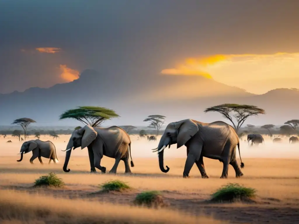 Impresionante escena de elefantes pastando al atardecer en la sabana africana