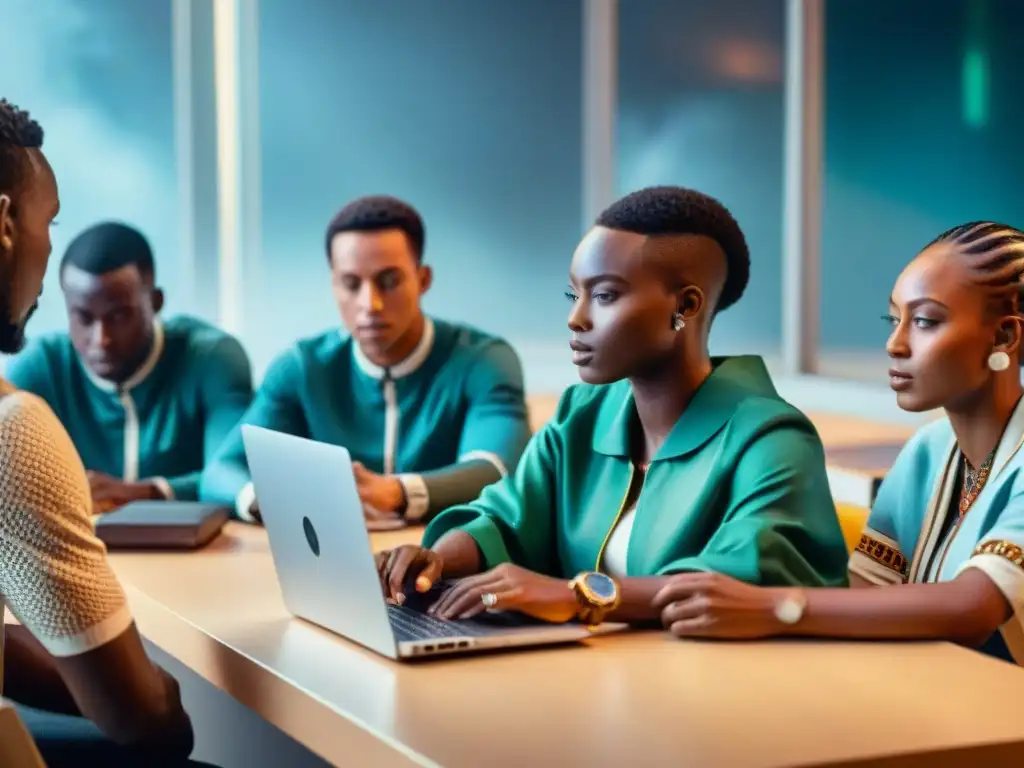 Impresionante escena de estudiantes africanos en un aula futurista, resaltando la Importancia del Afrofuturismo en África