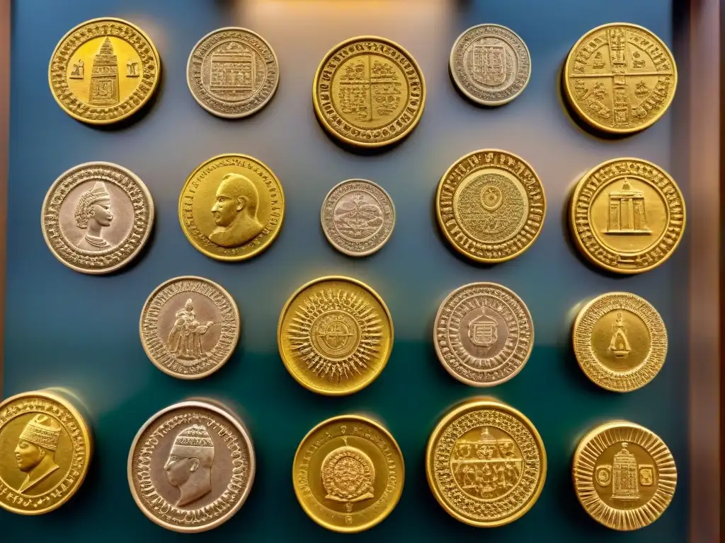 Una impresionante exhibición de monedas de oro de antiguos reinos africanos, con grabados detallados de símbolos culturales y figuras históricas