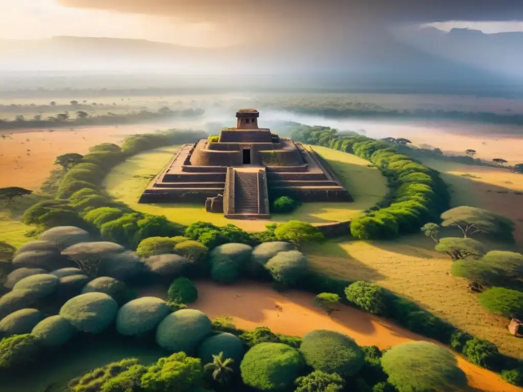 Impresionante imagen aérea de ruinas antiguas en la sabana africana, mostrando la innovadora tecnología de exploración de civilizaciones africanas