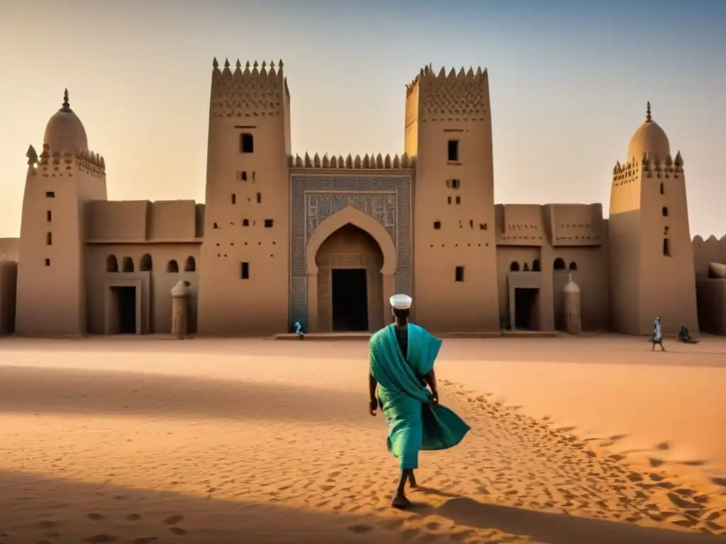 Una impresionante imagen detallada de la Gran Mezquita de Djenné en Mali, con su arquitectura de adobe, minaretes imponentes y residentes locales, reflejando la poderosa historia arquitectónica africana