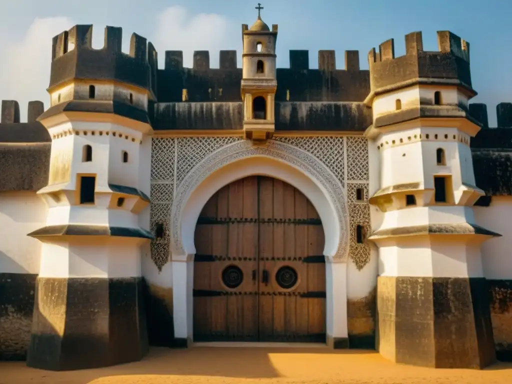 Una impresionante imagen de Elmina Castle en Ghana, destacando sus detallados grabados y la majestuosidad de las fortalezas y castillos en África