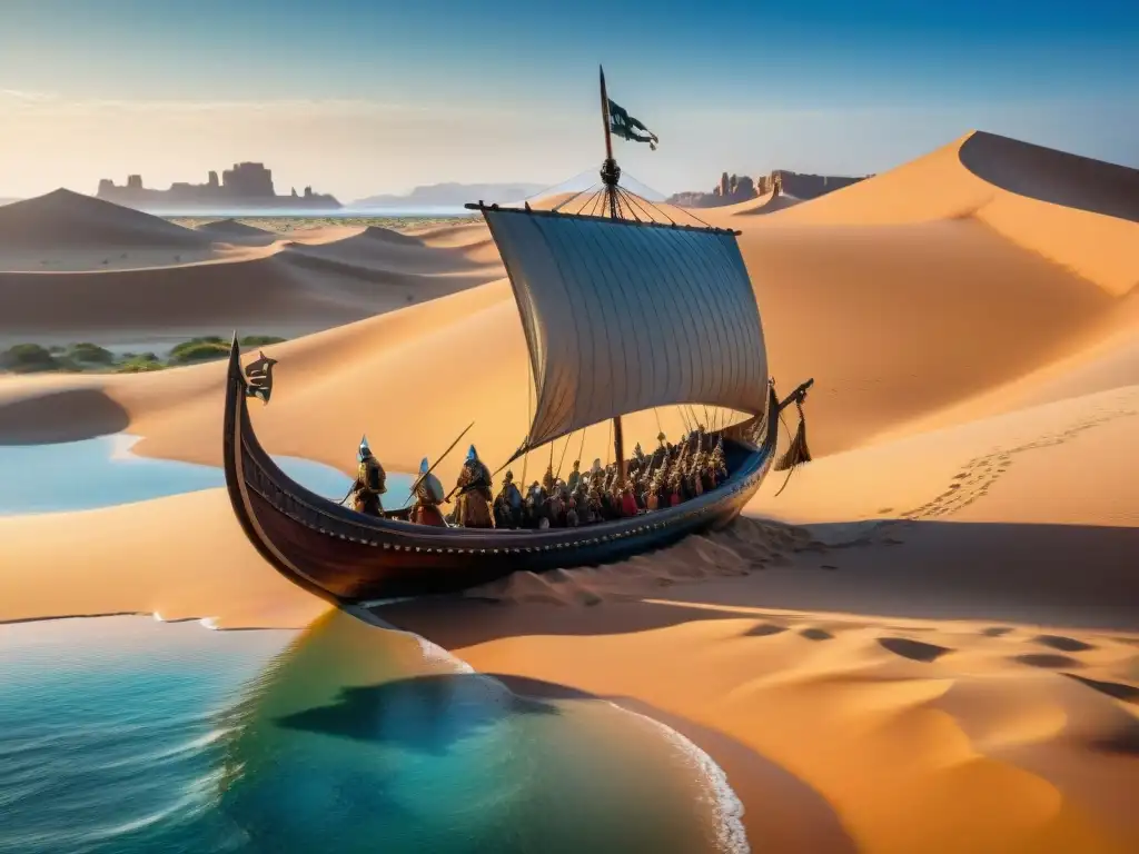 Una impresionante imagen de una nave vikinga navegando por el desierto del Sáhara, con guerreros nórdicos y dunas al fondo