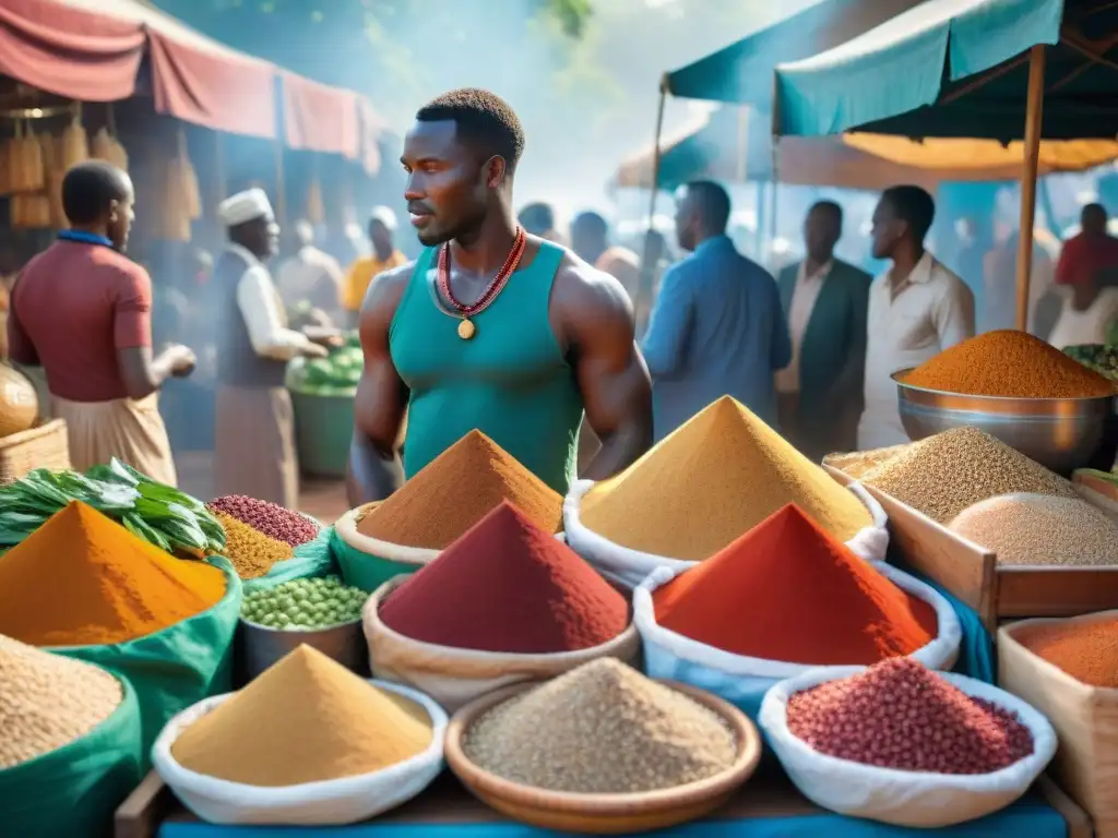 Impresionante mercado al aire libre en África, exhibiendo ingredientes tradicionales y vendedores en atuendos típicos