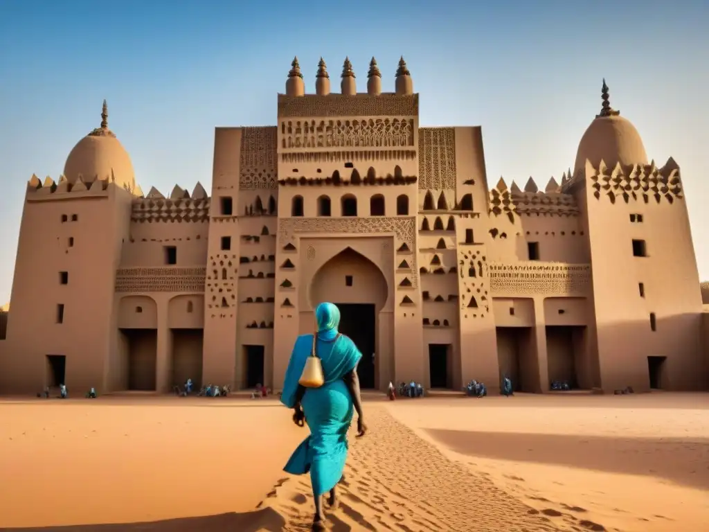 Impresionante mezquita de barro en Djenné, Mali, destacando su arquitectura única bajo el cielo azul