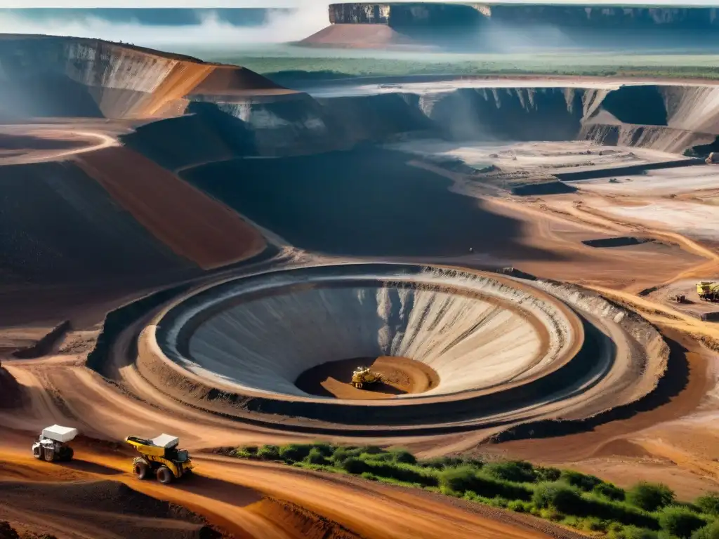 Una impresionante mina a cielo abierto en África, con trabajadores y maquinaria pesada