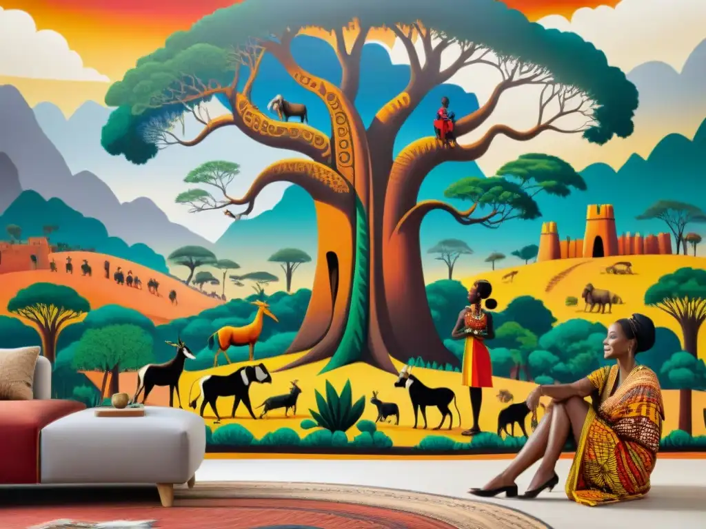 Impresionante mural de una aldea africana vibrante, donde niños escuchan atentamente al cuentacuentos bajo un baobab