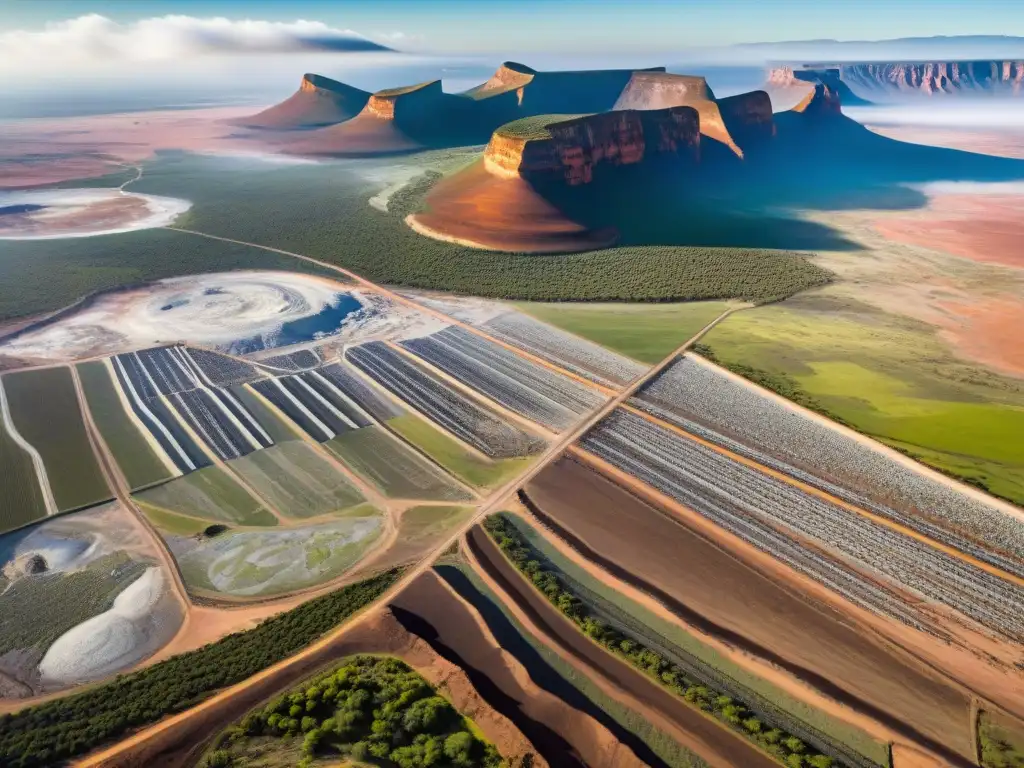 Un impresionante paisaje aéreo de las vastas y relucientes Kimberley Diamond Fields en Sudáfrica, mostrando la red de operaciones mineras y el contraste entre el paisaje árido y las minas de diamantes brillantes