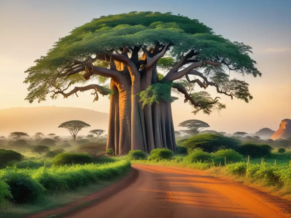 Impresionante paisaje africano al atardecer con baobab y moringa, comparativa superalimentos africanos