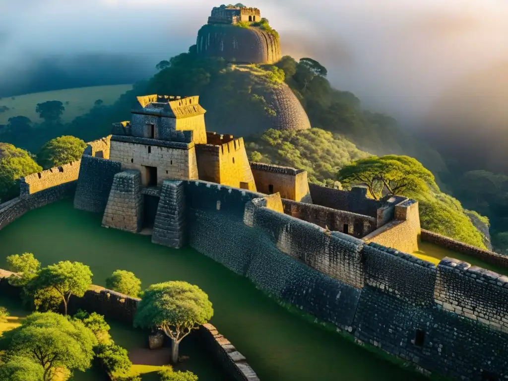 Impresionante ruinas de Gran Zimbabwe, bañadas en luz dorada al atardecer, evocando la grandeza africana precolonial