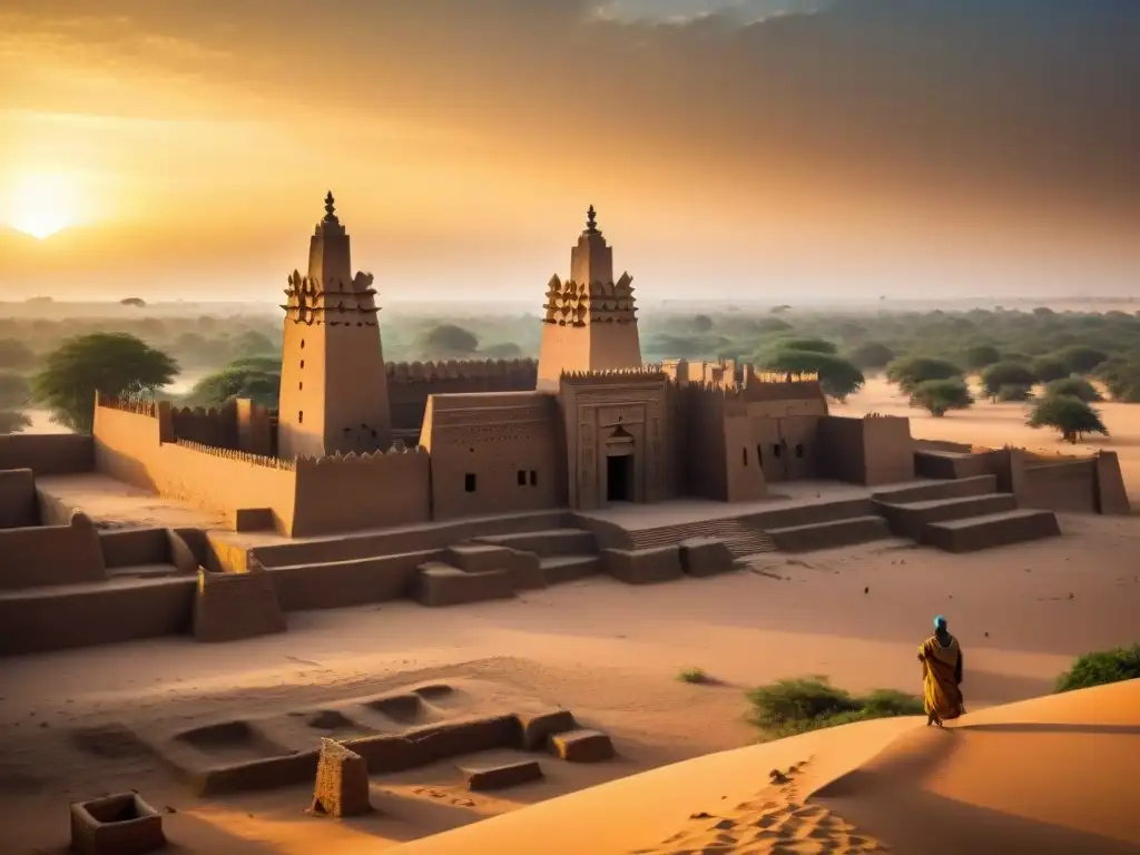 Impresionante ruinas de la Gran Mezquita de Djenné en Mali, con arquitectura de adobe bajo la luz dorada del atardecer, símbolo de la historia del imperio Mali independencia moderna