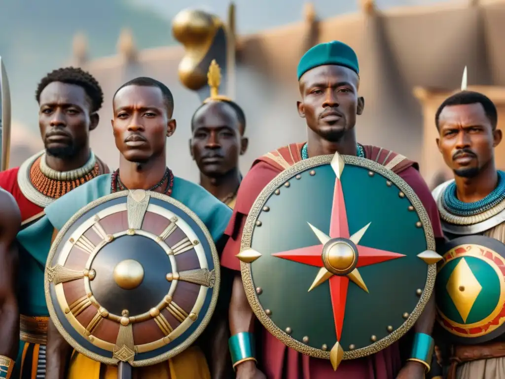 Impresionante tecnología militar en reinos africanos con espadas y escudos detallados en un pueblo tradicional