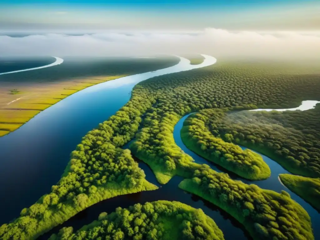 Impresionante vista aérea del Delta del Okavango en Botswana, mostrando su red de agua, vegetación exuberante y fauna diversa