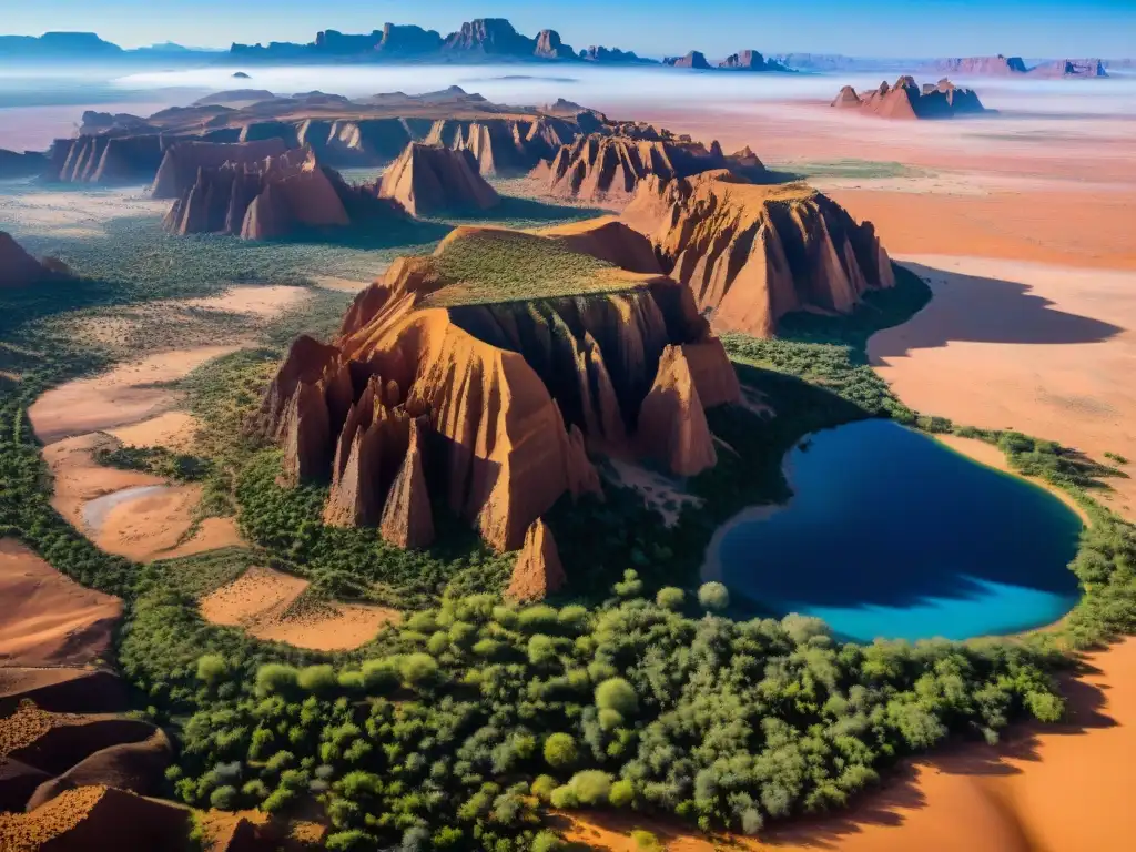 Impresionante vista aérea de las formaciones rocosas y petroglifos en Tassili n’Ajjer, destacando la riqueza cultural y arqueológica del lugar