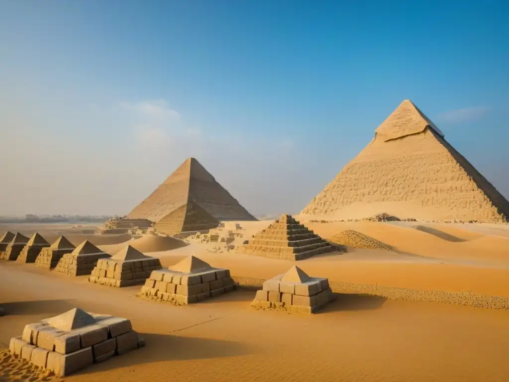 Impresionante vista de las Grandes Pirámides de Giza en Egipto, mostrando su majestuosidad y los estilos arquitectónicos antiguos en África