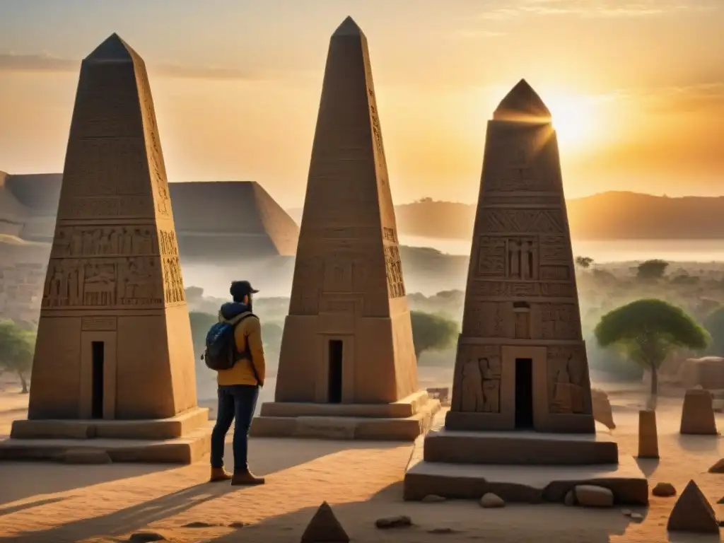 Impresionantes obeliscos de la antigua civilización de Aksum en África, iluminados por el cálido atardecer