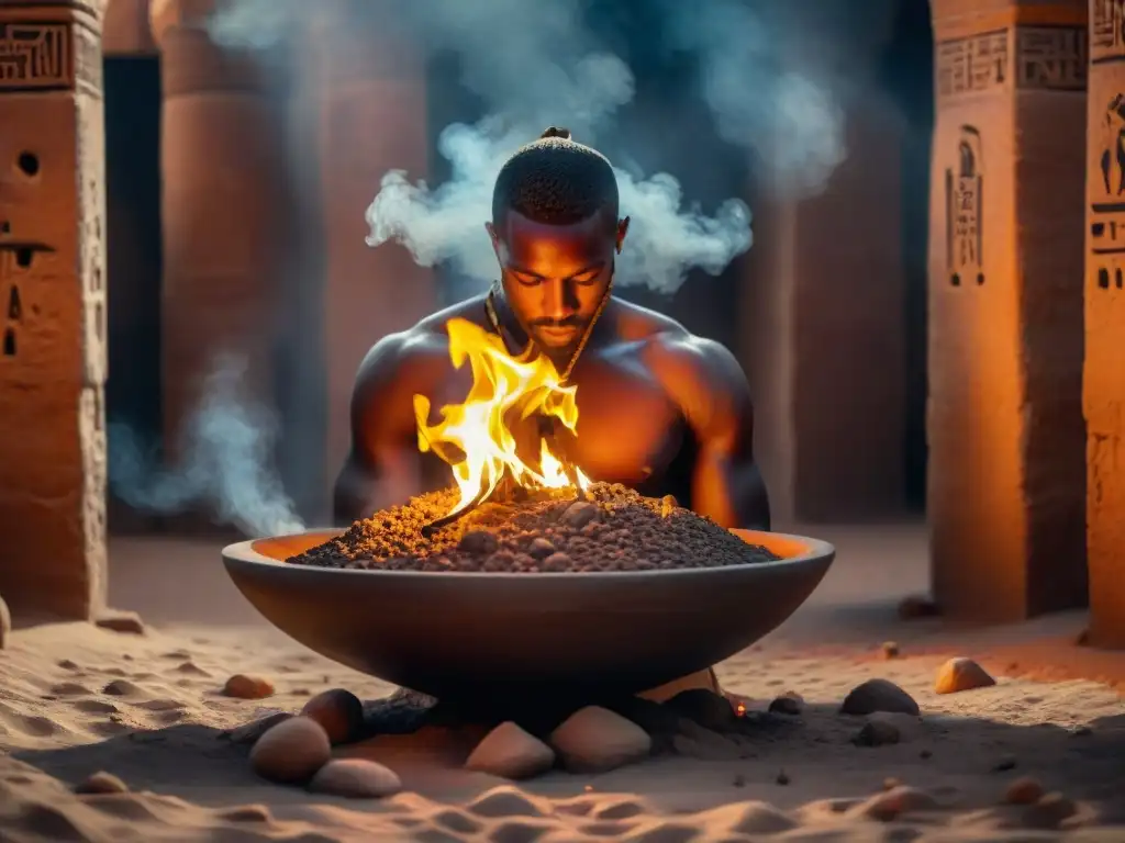 Un incensario de arcilla con jeroglíficos en un altar de piedra iluminado por el fuego en un templo antiguo de Nubia