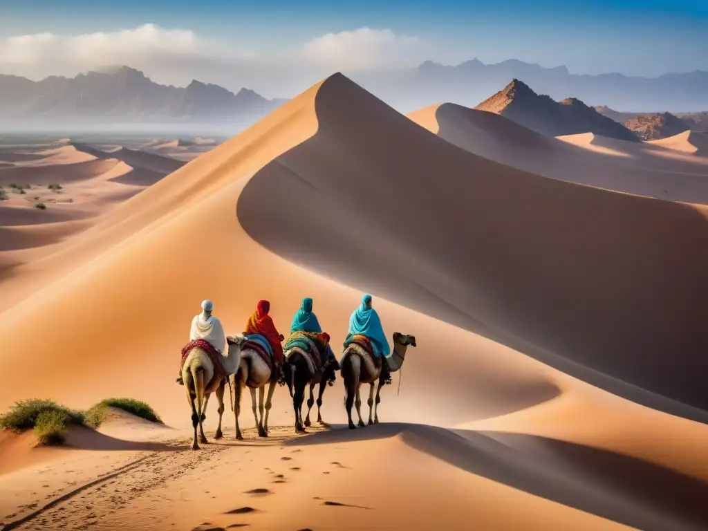 Incursiones bereberes en África: Nomadas bereberes atraviesan el vasto y árido desierto del Sahara en camellos, bajo un cielo azul