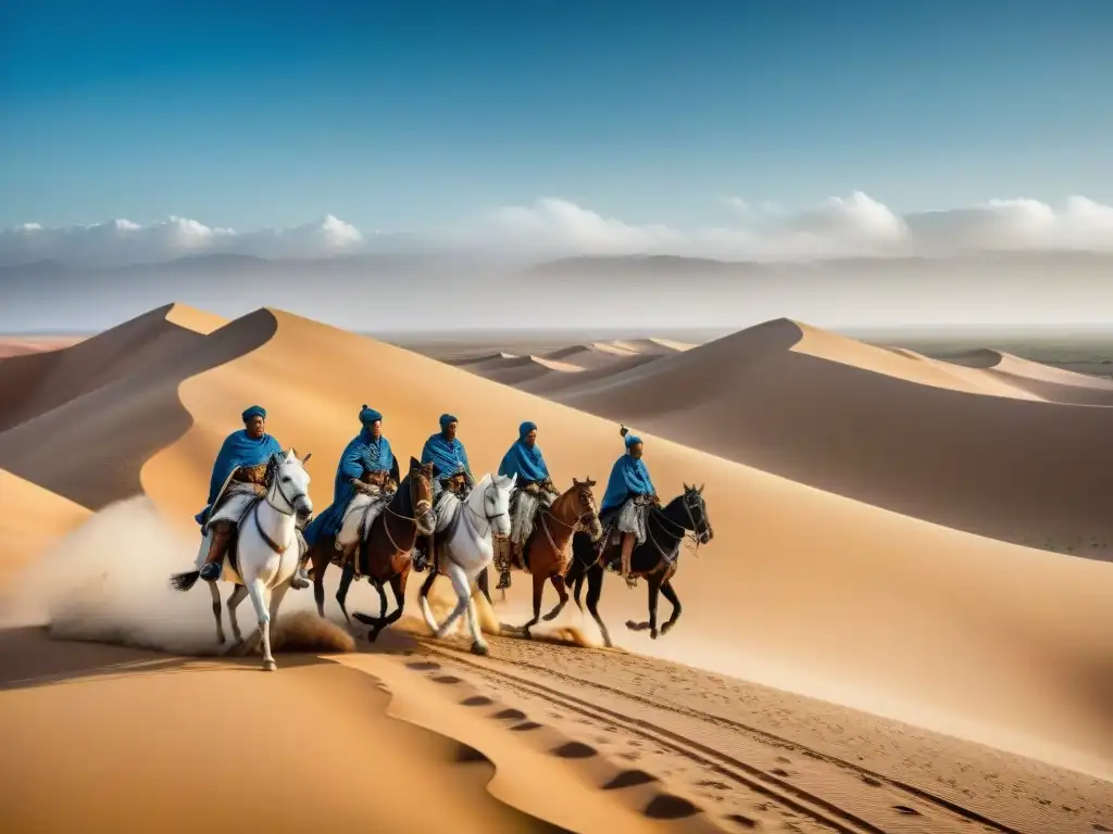 Incursiones bereberes en África: Guerreros montados en caballos, vestidos con atuendo tradicional, cabalgan por el desierto