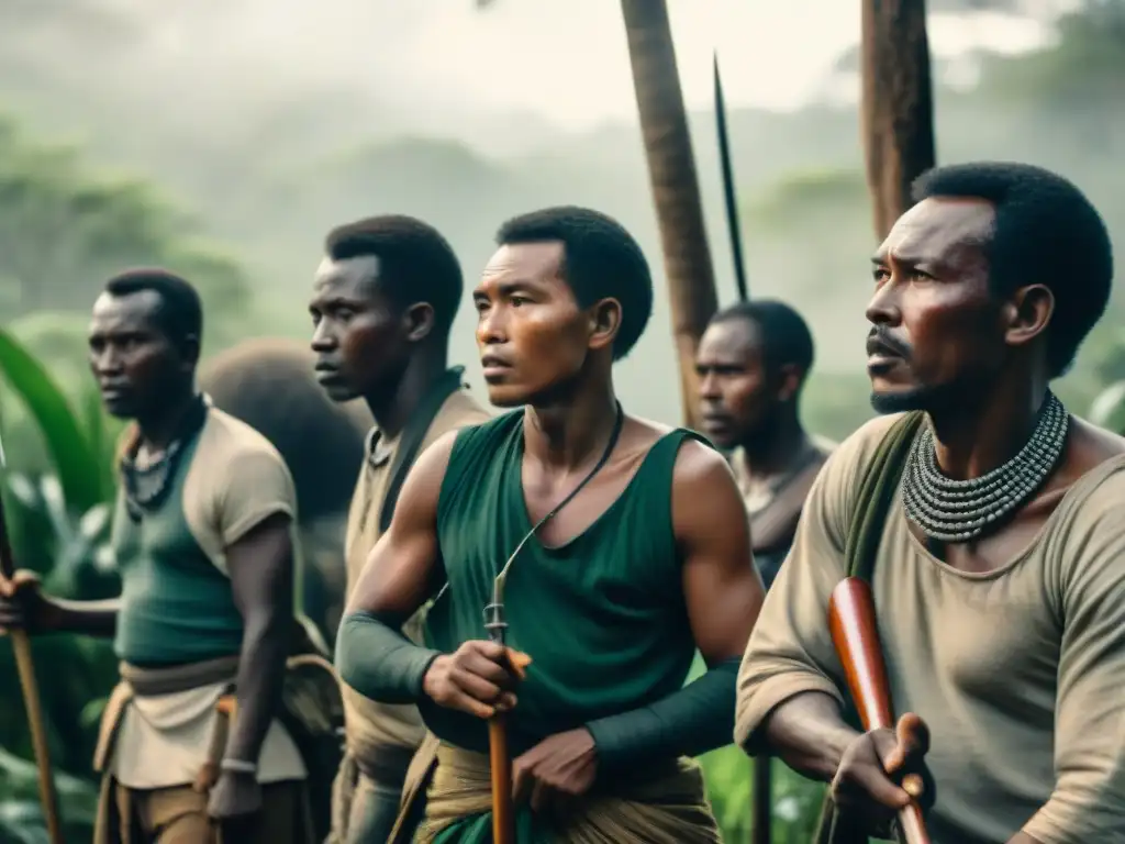 Mau Mau independencia Kenia: Guerreros estratégicos planeando la resistencia en el frondoso bosque de Kenia