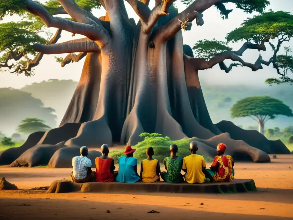 Indígenas liberianos comparten historias bajo baobab centenario al atardecer, simbolizando la rica historia y cultura de la Independencia de Liberia