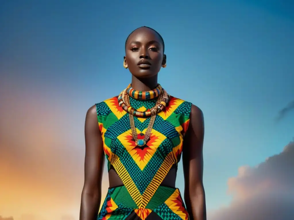 Indumentaria africana en moda global: Kente colorido y elegante sobre un maniquí, fusionando tradición y modernidad