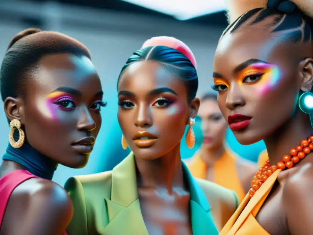 Influencers africanos en backstage de un desfile internacional, rodeados de ropa y maquilladores, listos para brillar en la pasarela