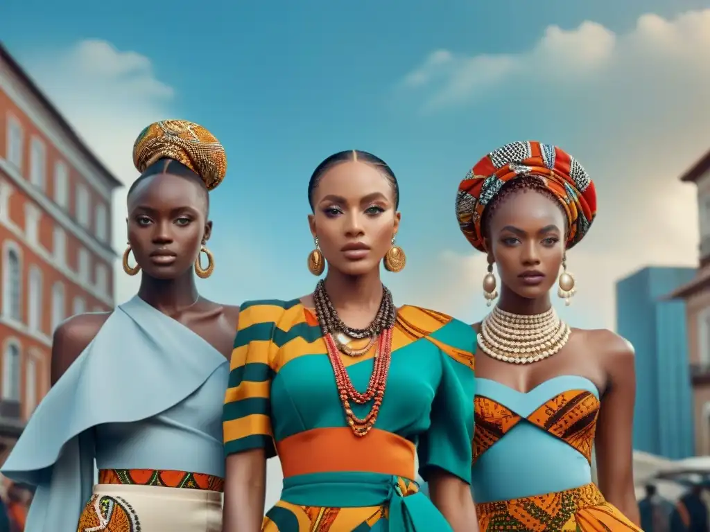 Influencers africanos moda belleza global: Grupo diverso en atuendos tradicionales, fusionando culturas en ciudad icónica