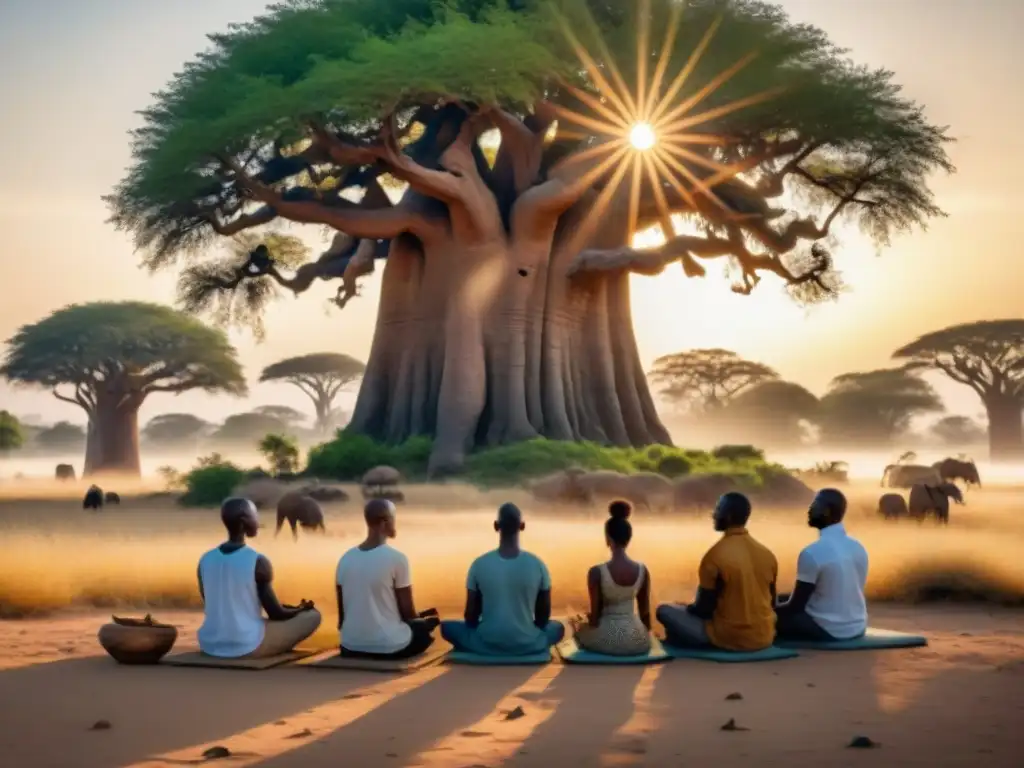 Influencia africana en mindfulness: Grupo medita bajo baobab al atardecer en la sabana