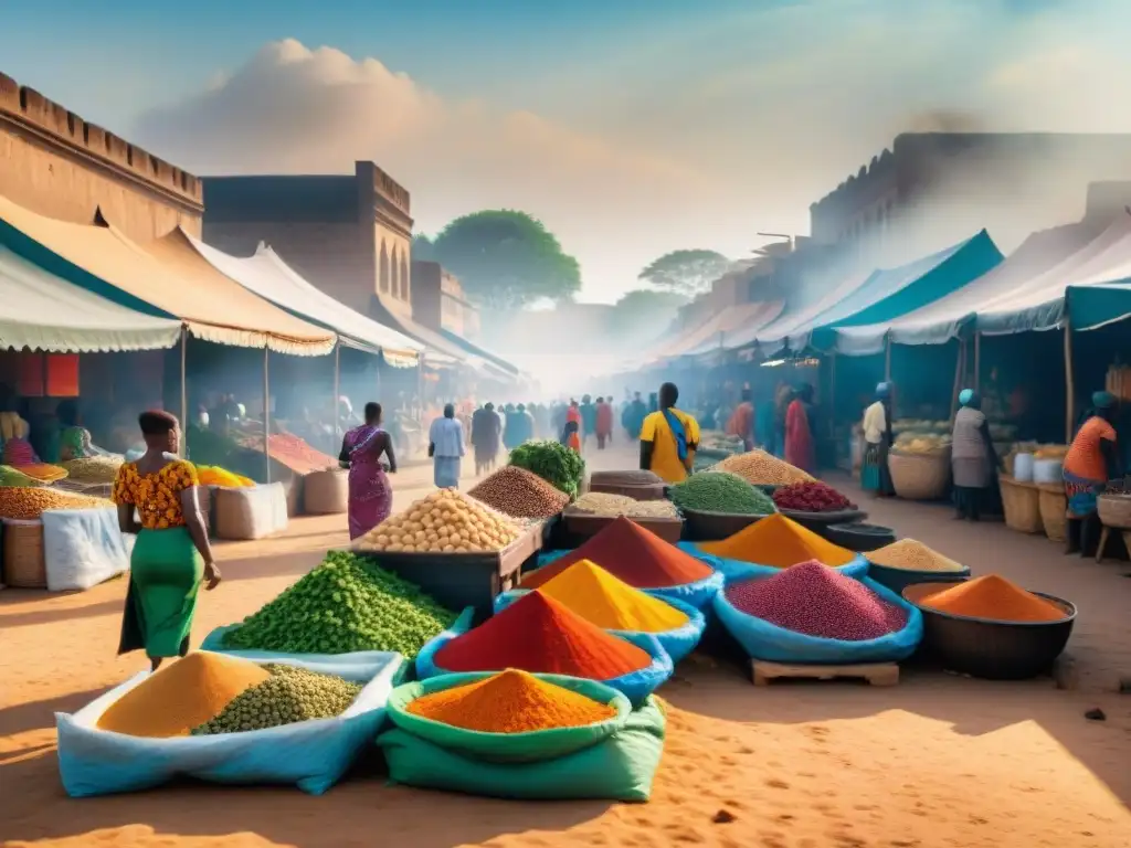 Influencia africana en comfort food: Mercado africano bullicioso con coloridas especias, comida callejera y gente local y turistas