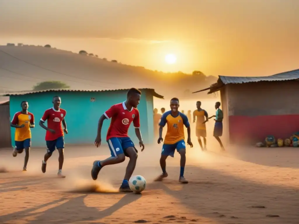 La influencia africana en el fútbol moderno cobra vida en la intensidad y alegría de jóvenes jugando en un vibrante vecindario al atardecer