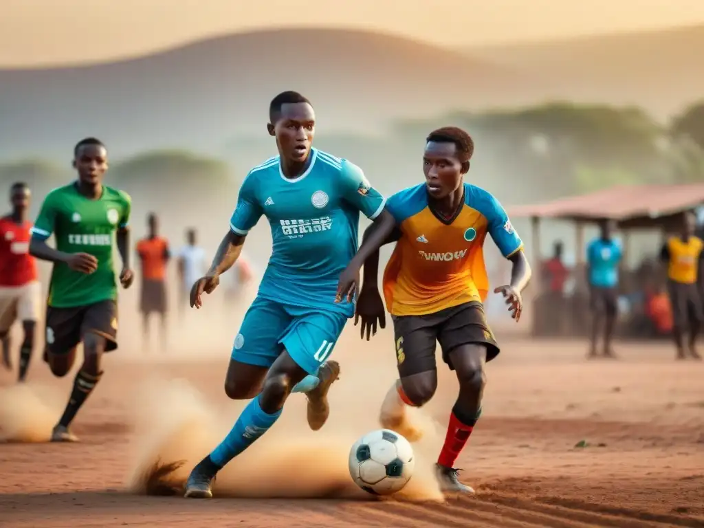 Influencia africana en fútbol moderno: Niños africanos juegan fútbol al atardecer en una aldea rural, con determinación y pasión