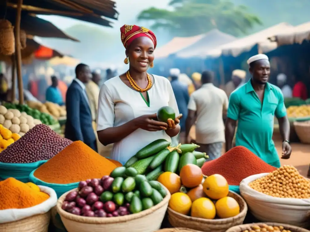 Influencia de la gastronomía africana en el mercado vibrante lleno de colores, sabores y tradiciones locales