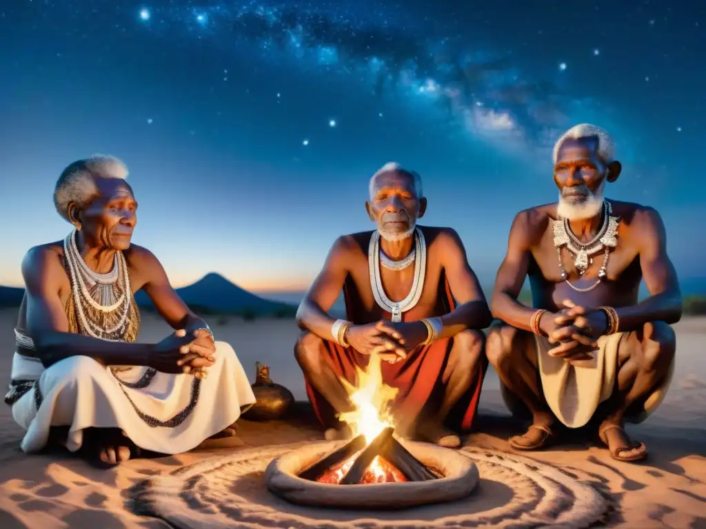 Influencia de la veneración ancestral: Ancianos africanos en ceremonia nocturna alrededor de una hoguera sagrada bajo un cielo estrellado