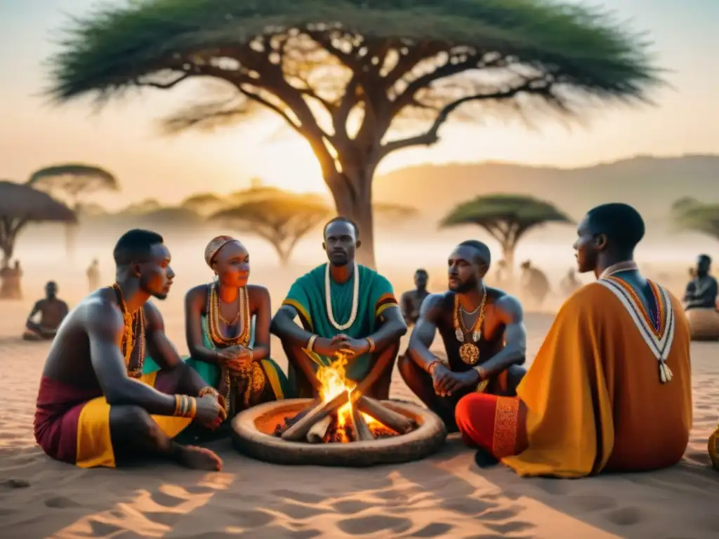 Influencia de la veneración ancestral en un ritual africano al atardecer, con personas vestidas de colores y símbolos ancestrales