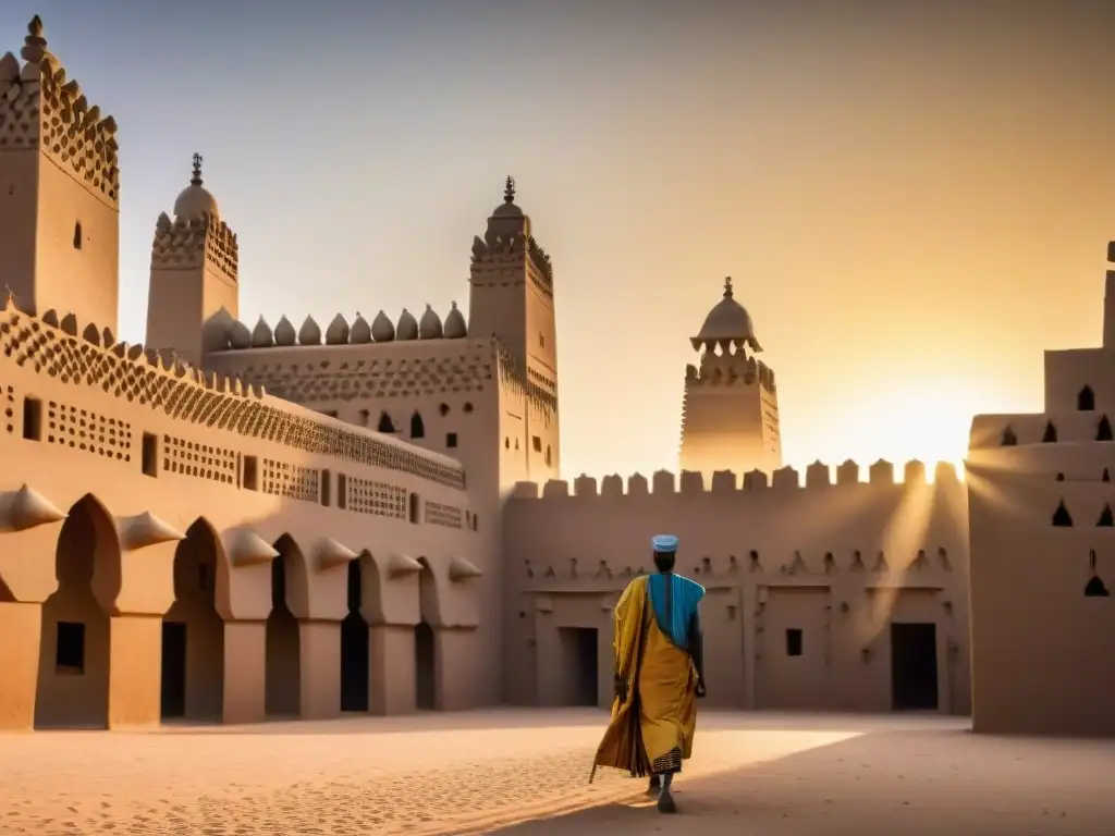 Influencia arquitectura africana en diseño global: Detalle de la Gran Mezquita de Djenné al atardecer