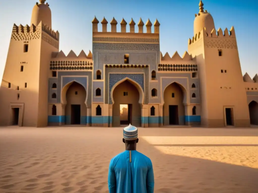 Influencia de la arquitectura islámica en África: Detalle colorido y geométrico de la Gran Mezquita de Djenné, Mali, bajo el sol africano