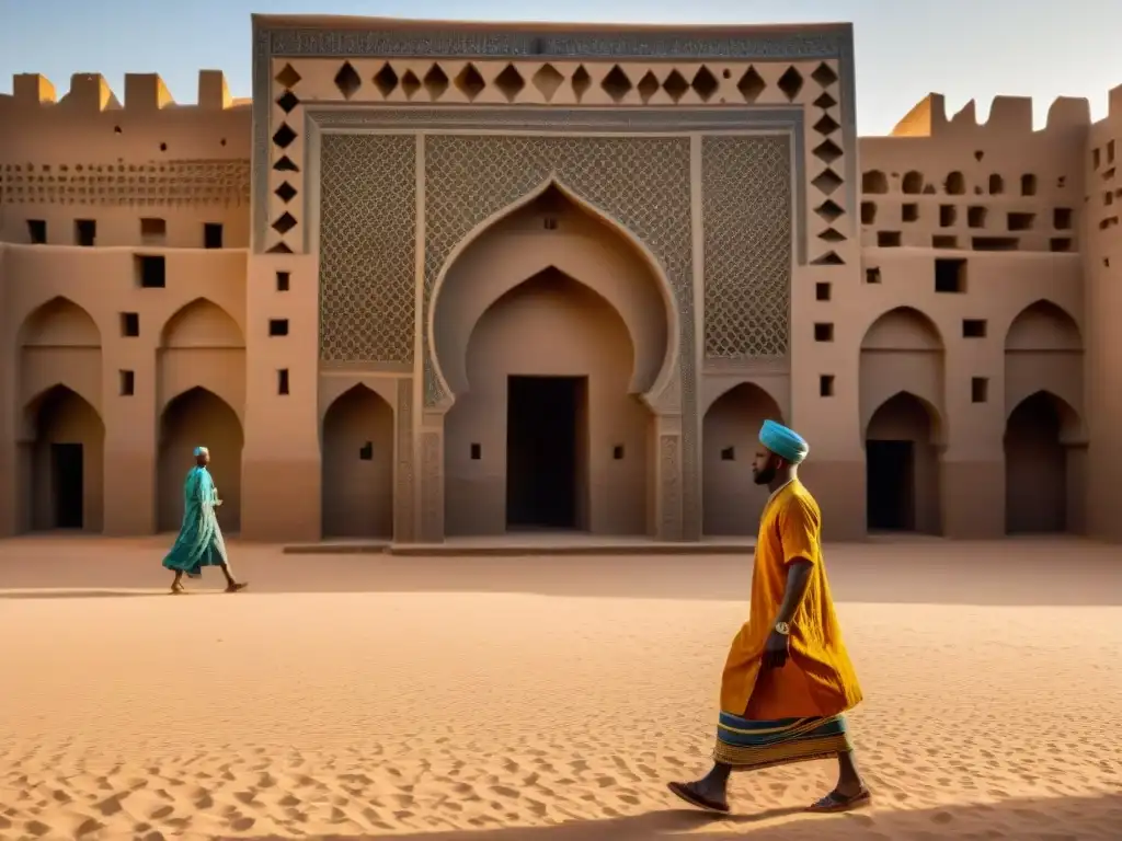 Influencia arquitectura islámica en África: Detalles geométricos y colores vibrantes de la Gran Mezquita de Djenné en Mali, con residentes locales yendo y viniendo