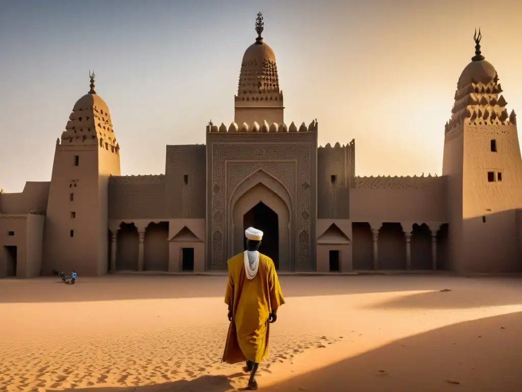 Influencia de la arquitectura islámica en África: Detalles geométricos y minaretes de la Gran Mezquita de Djenné, Mali