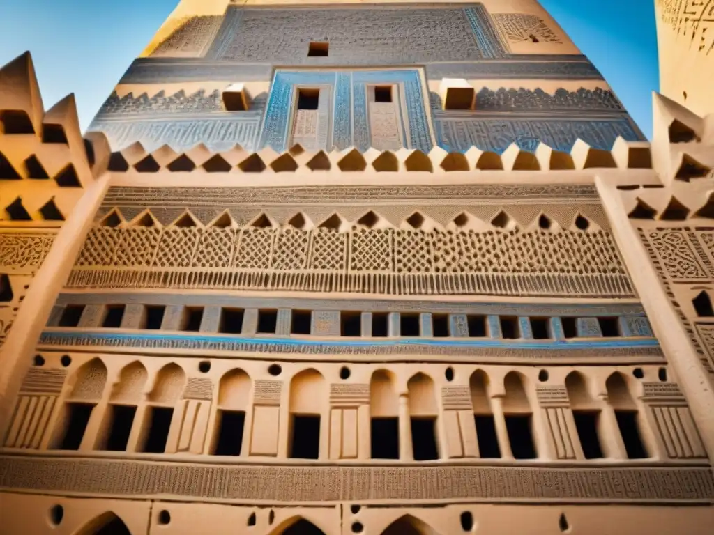 Influencia de la arquitectura islámica en África: Detalle geométrico y caligráfico en la Gran Mezquita de Djenné, Mali