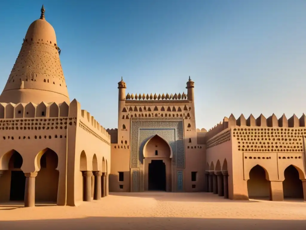 Influencia de arquitectura islámica en África: Detalle de la Gran Mezquita de Djenné, resaltando su majestuosidad bajo el sol africano