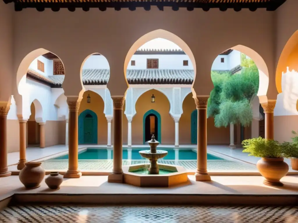 Influencia de la arquitectura islámica en África: Madrasa marroquí con detalles ornamentales, patios verdes y luz cálida