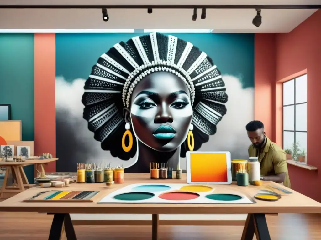 Influencia arte africano contemporáneo: Artistas africanos crean mural fusionando técnicas tradicionales y digitales en estudio vibrante