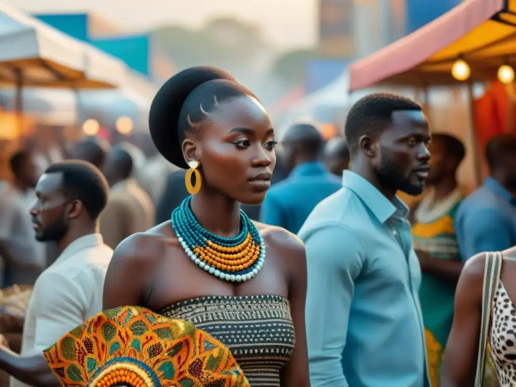 Influencia del arte africano contemporáneo en un bullicioso mercado de arte en África, lleno de color y creatividad