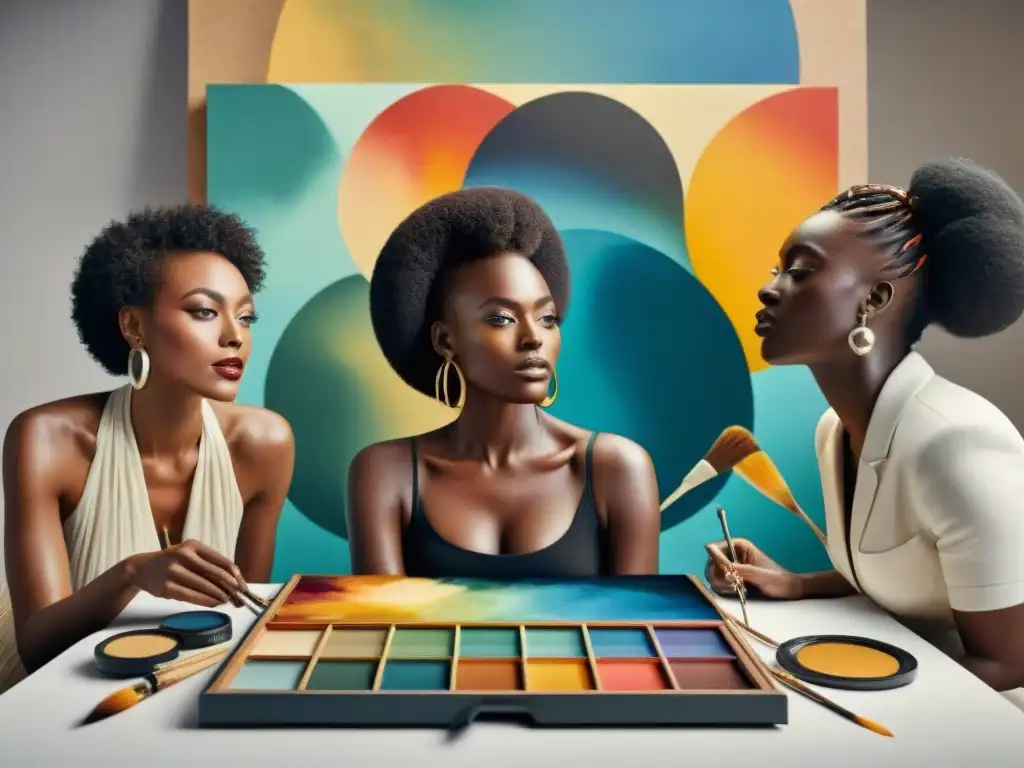 Influencia del arte africano contemporáneo: Diversidad de artistas pintando con pasión en un estudio moderno y colorido