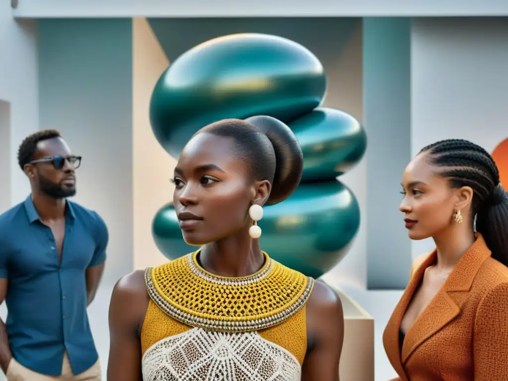 Influencia del arte africano contemporáneo: Grupo diverso admirando escultura abstracta vibrante en galería moderna