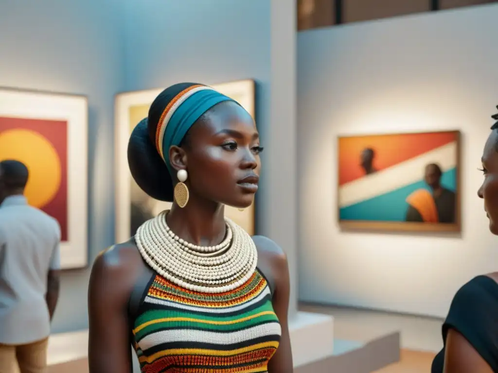 Influencia del arte africano contemporáneo en una galería vibrante llena de luz natural y obras de artistas locales admiradas por un público diverso