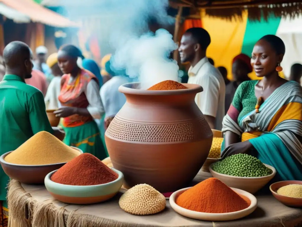 Influencia del arte de la fermentación en alimentos africanos: Olla de barro con ingredientes fermentados en un bullicioso mercado africano